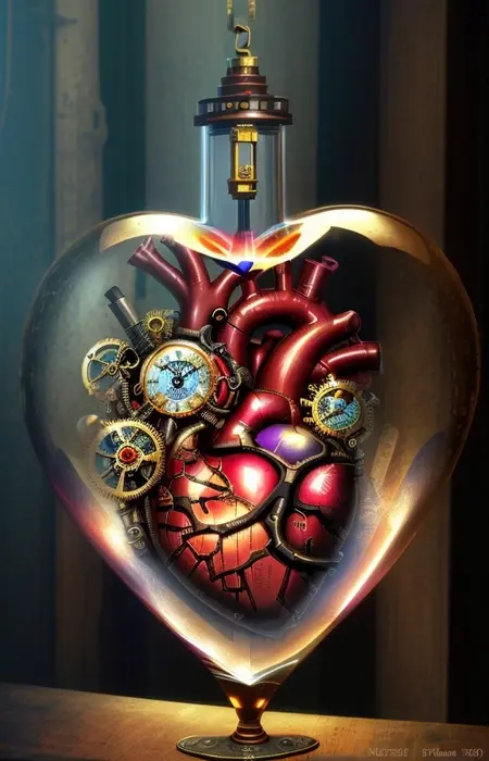 human heart with steampunk additions floating inside of a Glass Heart (1704999039762).mp4